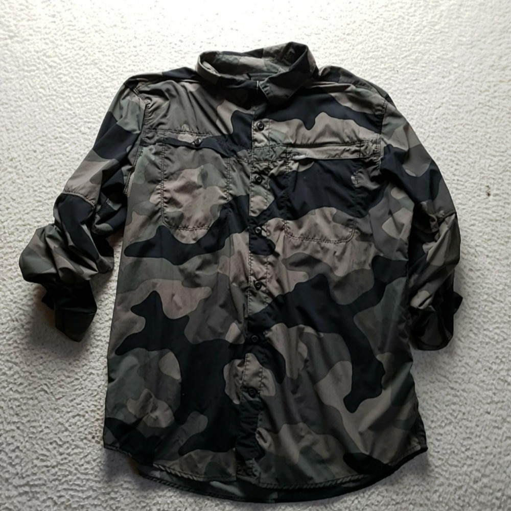 Columbia Shirt Mens Large Green Camo Nylon Long Sleeve Button-Up Casual Outdoor